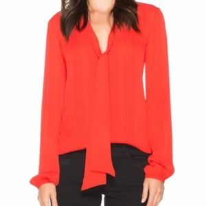 Marchesa Voyage Red Silk Tie Neck Pleated Blouse